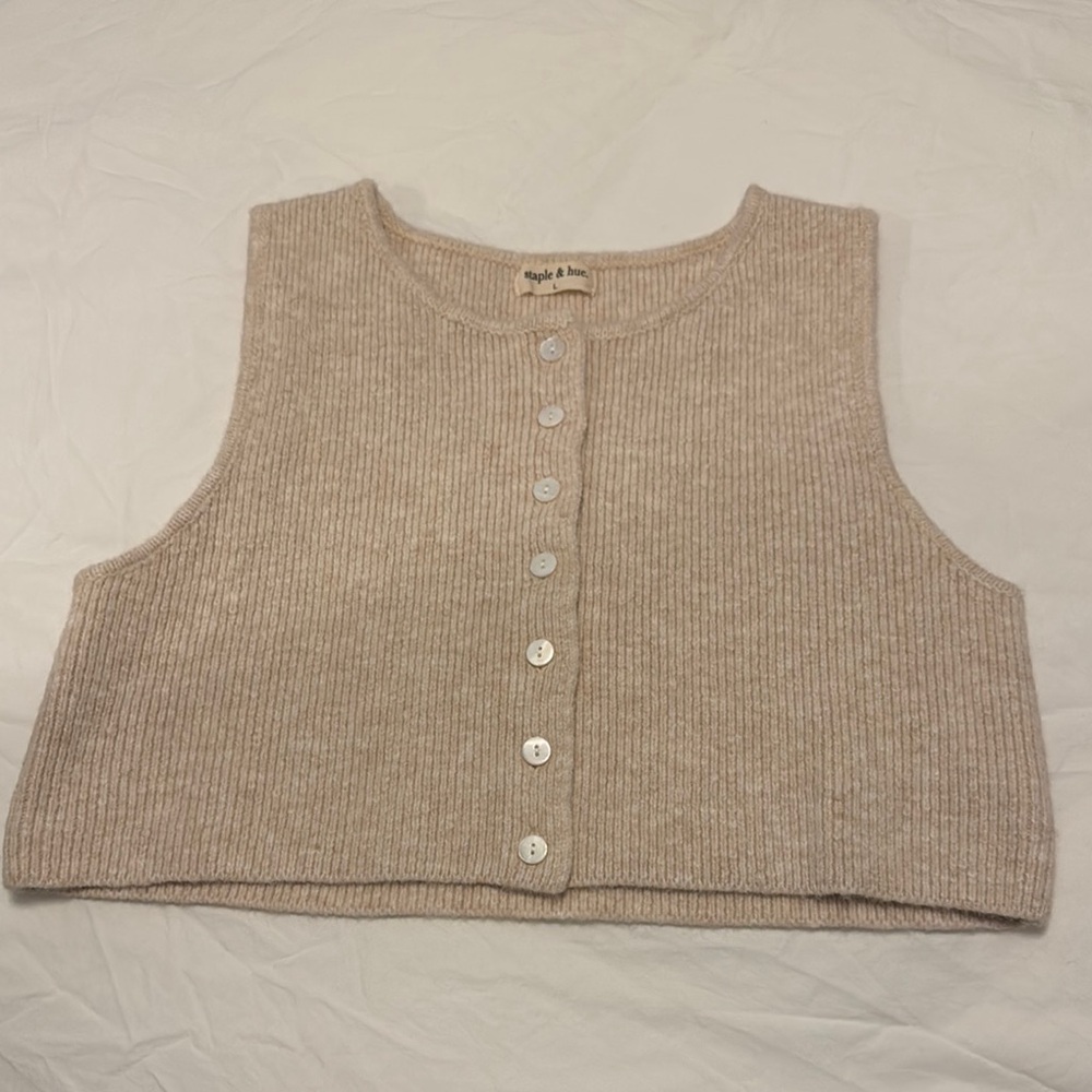 Beige Knit Button-Up Vest